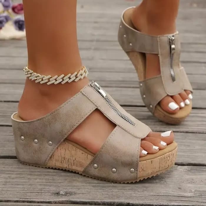 Mules compensées pour femmes à bout ouvert, plateforme, talon haut, fermeture éclair, dessus texturé, détails cloutés, style décontracté, pour l'été et le quotidien, à enfiler