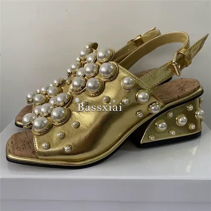 Sandales de luxe en cuir véritable pour femmes, chaussures de soirée à talons ajourés uniques, embellissement de perles, été