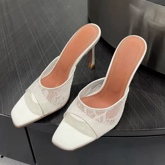 2025 nouveaux talons hauts pantoufles femmes maille dentelle carré Peep orteil