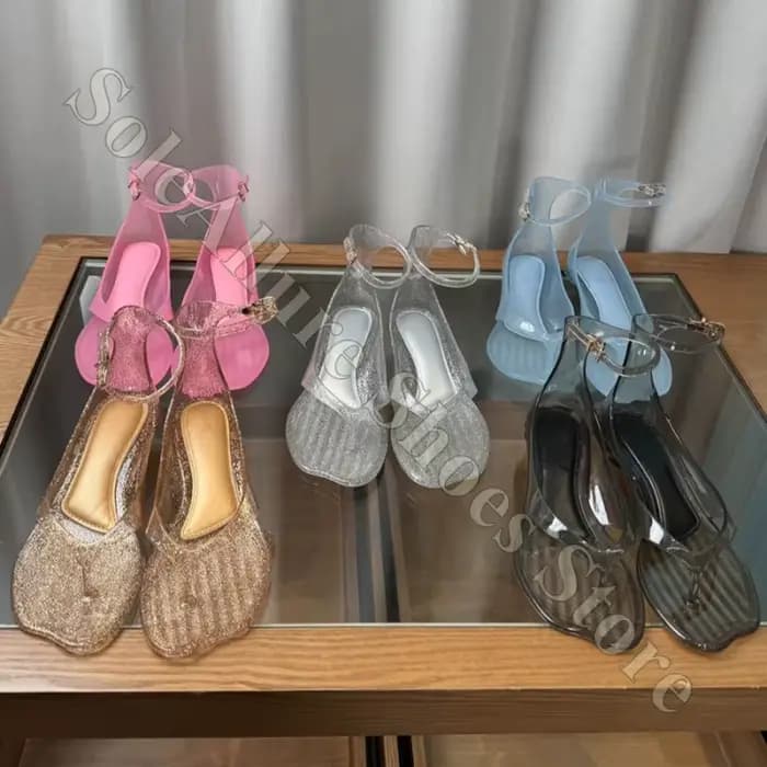 Sandales en gelée scintillantes avec boucle à la cheville, talon bloc bas, style tongs, antidérapantes pour les sorties à la plage et les événements estivaux
