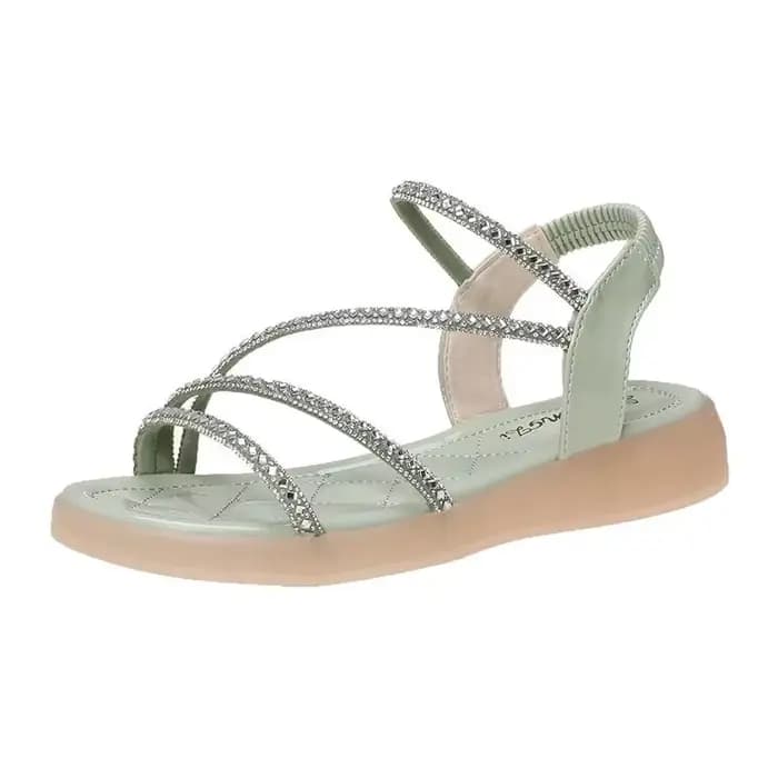 Sandales tendance pour femmes avec strass, nouvelle collection été 2024, style romain à talon plat et semelle épaisse, très tendance