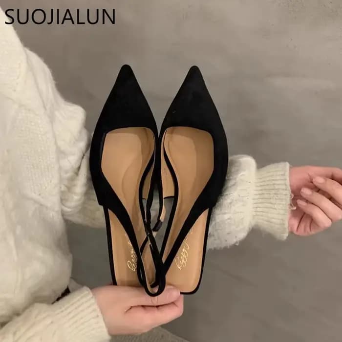 SUOJIALUN 2024 printemps nouvelles femmes sandale mode bout pointu peu profond sans lacet robe Mules chaussures mince