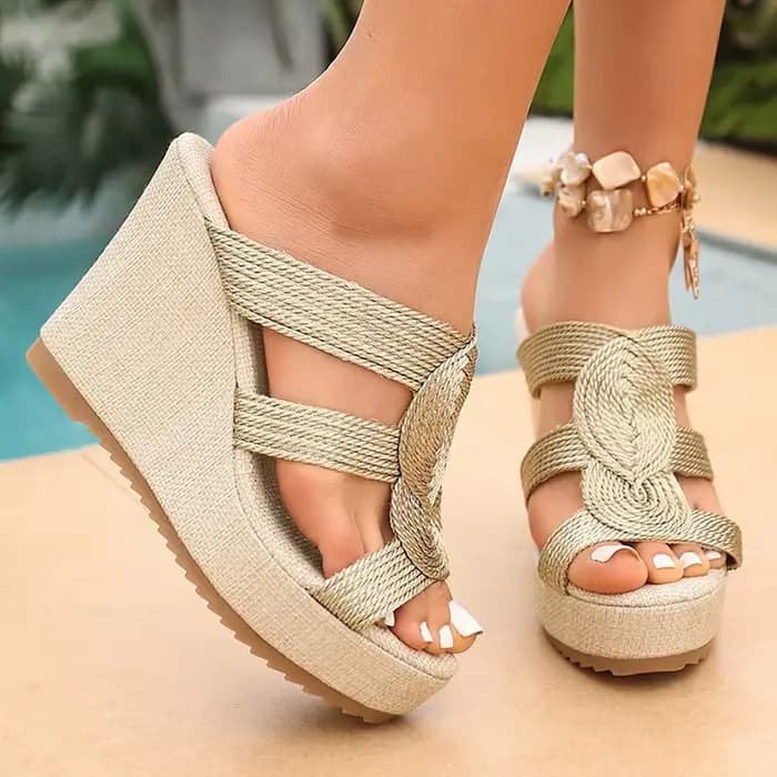 Sandales compensées tressées dorées et argentées pour femme, collection été 2026, avec nœud, talon compensé, grande taille 43, semelle épaisse, chaussures de plage