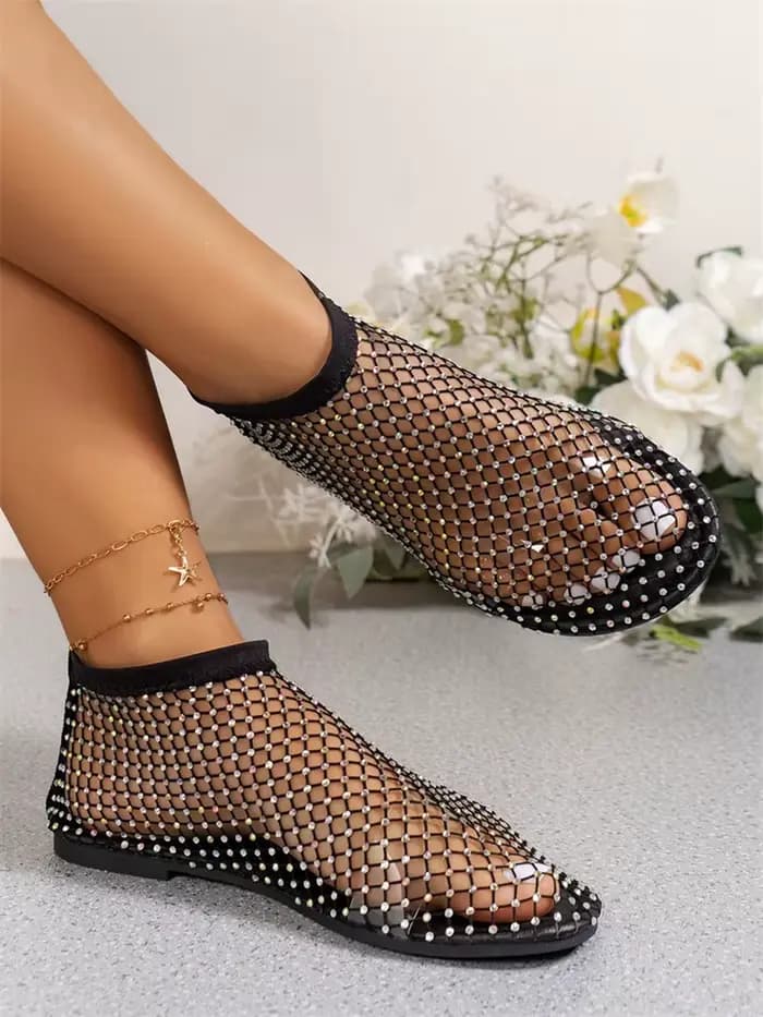 Msfilia sandales à bout rond avec évider Internet célèbre diamant clouté bottes courtes été Sexy grande taille chaussures plates