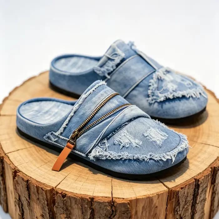 Mules en denim bleu clair avec bords effilochés