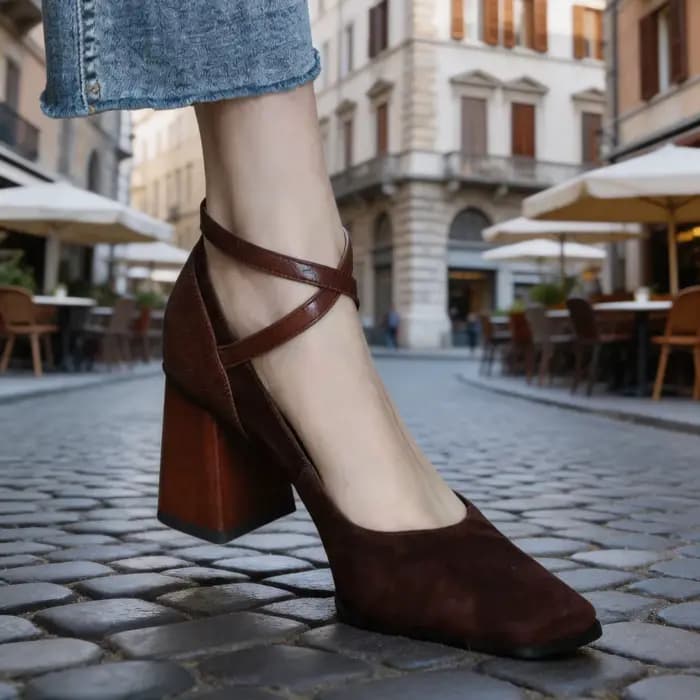 Chaussures à talons hauts, chaussures à plateforme tendance avec bride à la cheville, chaussures de soirée en daim marron à talon carré pour femmes 524
