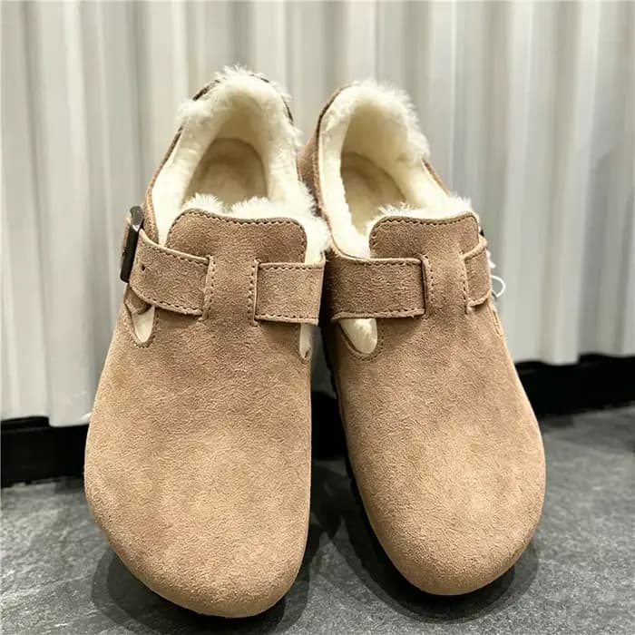 Mules et sabots en cuir suédé doublés de fourrure pour femmes et hommes