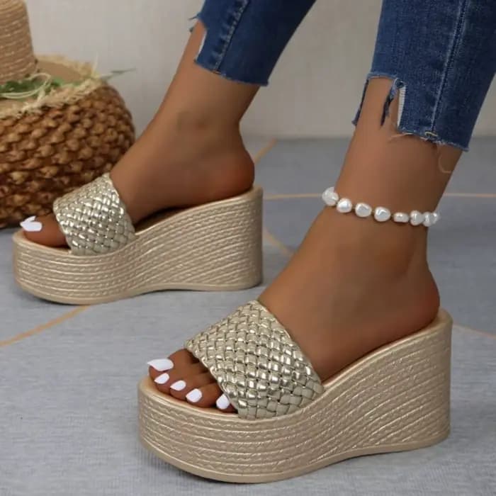 Femmes luxe décor sandales Super talons hauts or tissage compensées mode été décontracté en plein air plate-forme fête élégant Sexy 2025 nouveau