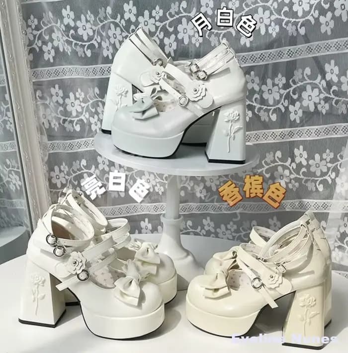 Sandales Lolita à talon épais et plateforme, ornées de roses et de nœuds, polyvalentes, mignonnes et élégantes pour étudiantes