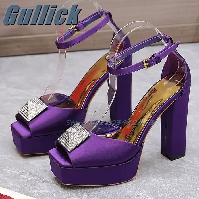 Rivets strass talons plate-forme luxe talon sandales solide bout carré Satin femmes été cheville chaussures talon épais Sandalias