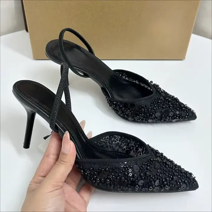 Chaussures de soirée élégantes à talons hauts pour femmes, paillettes scintillantes, perles, maille, Design de marque, sandales de luxe pour dames de bureau, été 2025