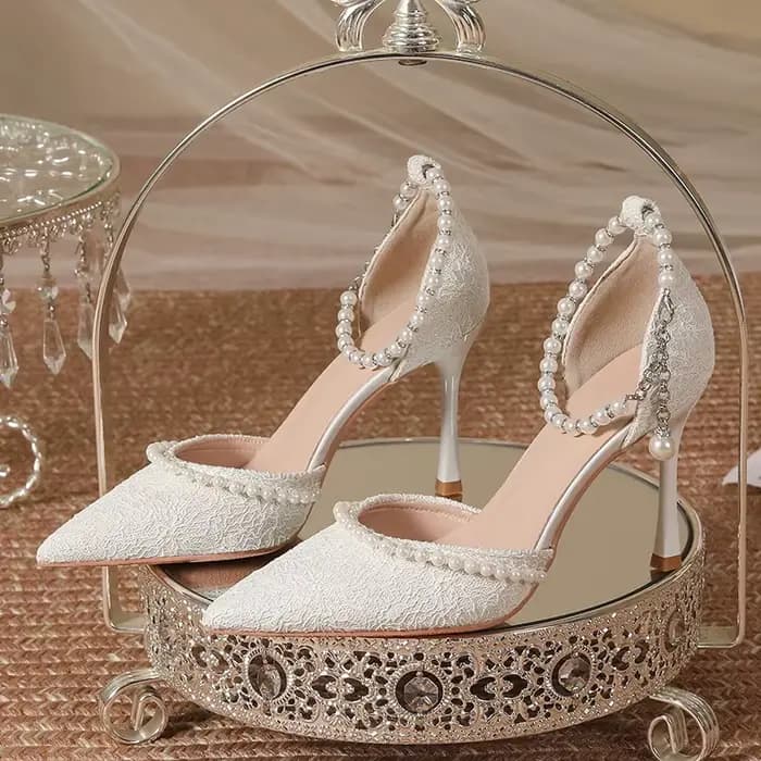 Perles sangle chaussures à talons hauts femmes été avec talon mince et Surface en dentelle bout pointu chaussures De mariée De mariage Bombas De Mujeres