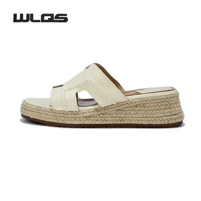 WLQS Sandales Femme en Cuir Véritable avec Semelle en Corde de Jute