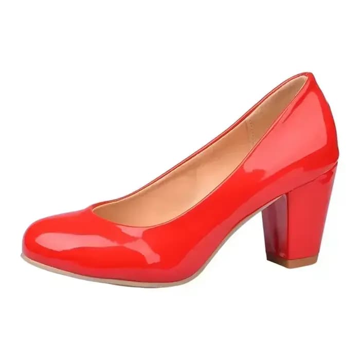 Printemps femmes pompes gros bloc talons hauts rouge en cuir verni bout rond décontracté bureau robe à enfiler dames chaussures Zapatos Mujer