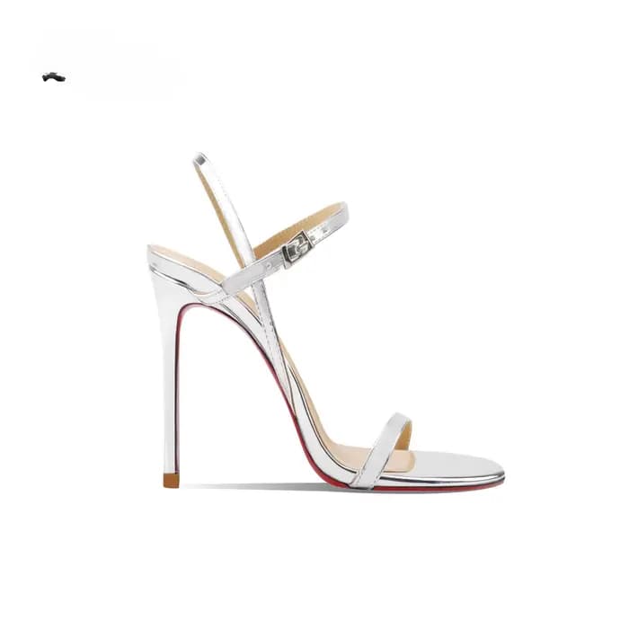 Nouvelles sandales à talons hauts de tempérament en cuir verni argenté pour femmes avec orteils exposés, talons fins et chaussures simples confortables
