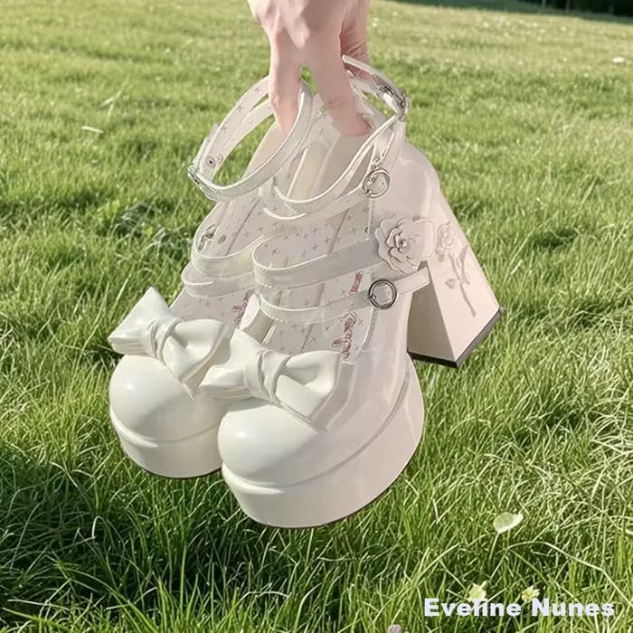 Sandales Lolita à talon épais et plateforme, ornées de roses et de nœuds, polyvalentes, mignonnes et élégantes pour étudiantes