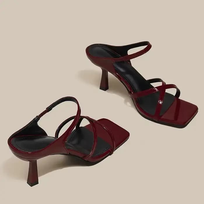 Sandales à talons hauts rouge vin pour femmes, bout carré, décor de nœud papillon, pantoufles d'extérieur d'été, chaussures de fête de mariage à talons fins, nouvelle collection