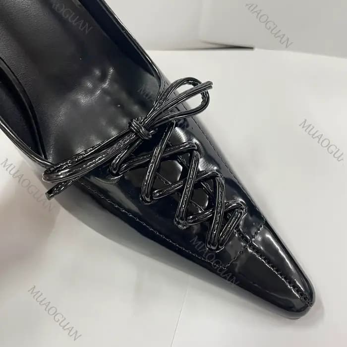 Escarpins sexy à lacets et nœuds, talons fins, en cuir noir, élégants pour femmes, pour fêtes et mariages
