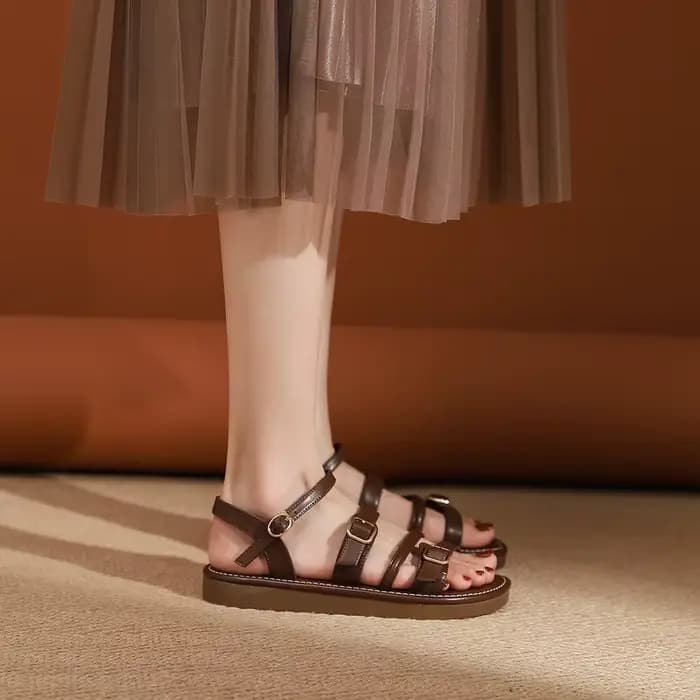 Sandales romaines pour femmes, chaussures d'été décontractées à semelle plate, marron, pour la plage, polyvalentes, faciles à enfiler