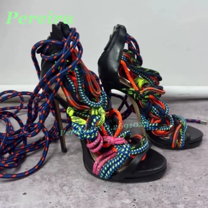 Sandales multicolores à lacets en corde tressée