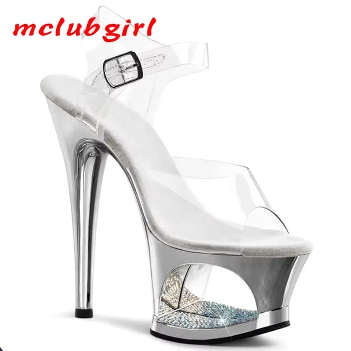 MCLUBGIRL Sandales à talons aiguilles de 17 cm de haut pour femme – Chaussures creuses galvanisées incrustées de