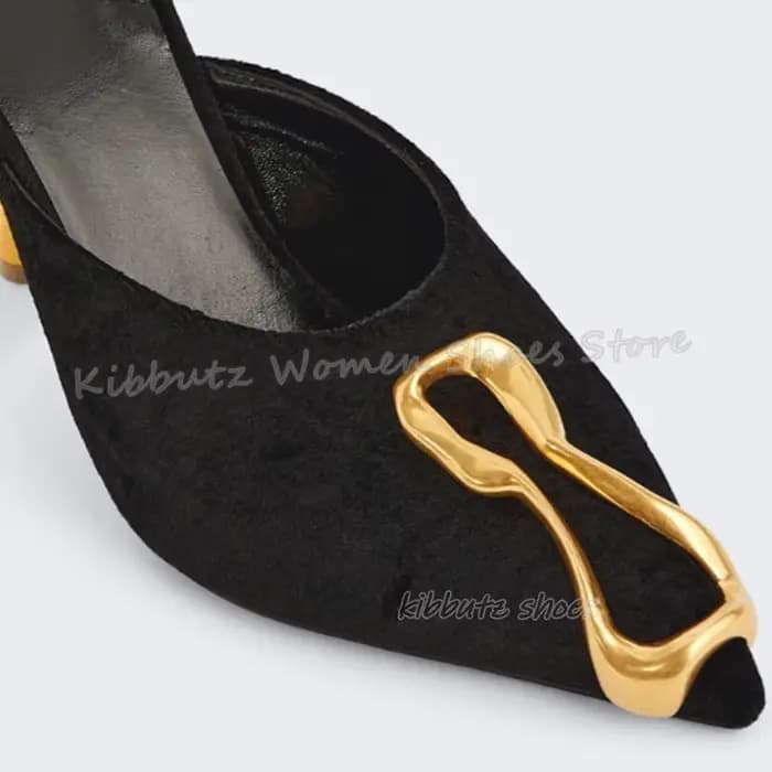 Escarpins à décor en métal en daim à enfiler, couleur unie, mode élégante, confortable, Sexy, chaussures de luxe pour femmes, nouvelles chaussures à bout pointu, talons étranges