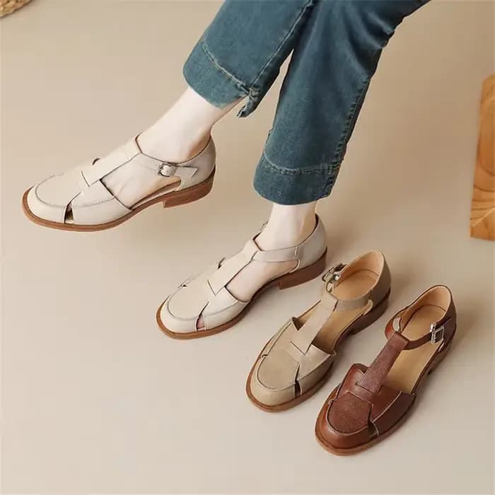 Sandales d'été 2023 en cuir de vachette à bout rond pour femme