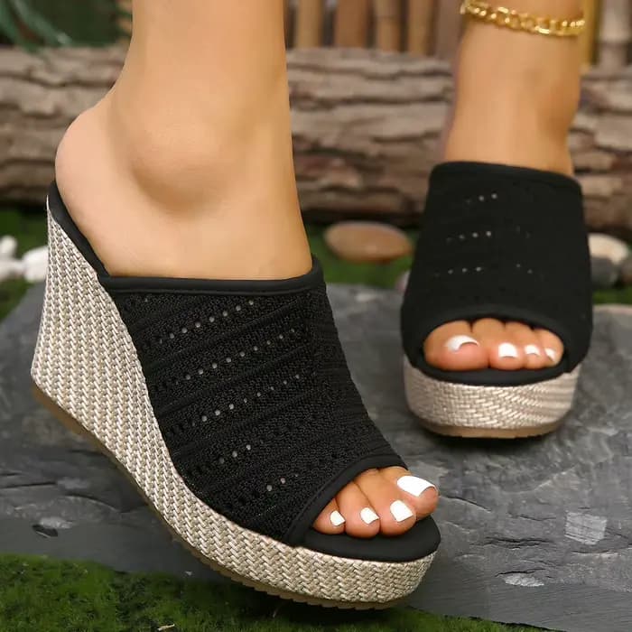 2026 Sandales compensées à plateforme pour femme, mules confortables à bout ouvert, à enfiler, tressées, chaussures de plage d'été