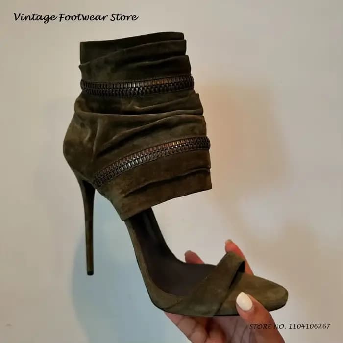 Sandales à talons hauts avec fermeture éclair en daim vert