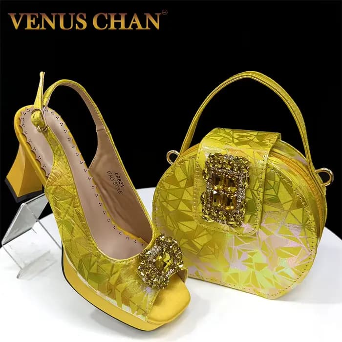 2025 Ensemble de chaussures à talons hauts jaunes élégantes pour femmes et sac assorti avec accents en strass – Design élégant à bout carré pour les fêtes
