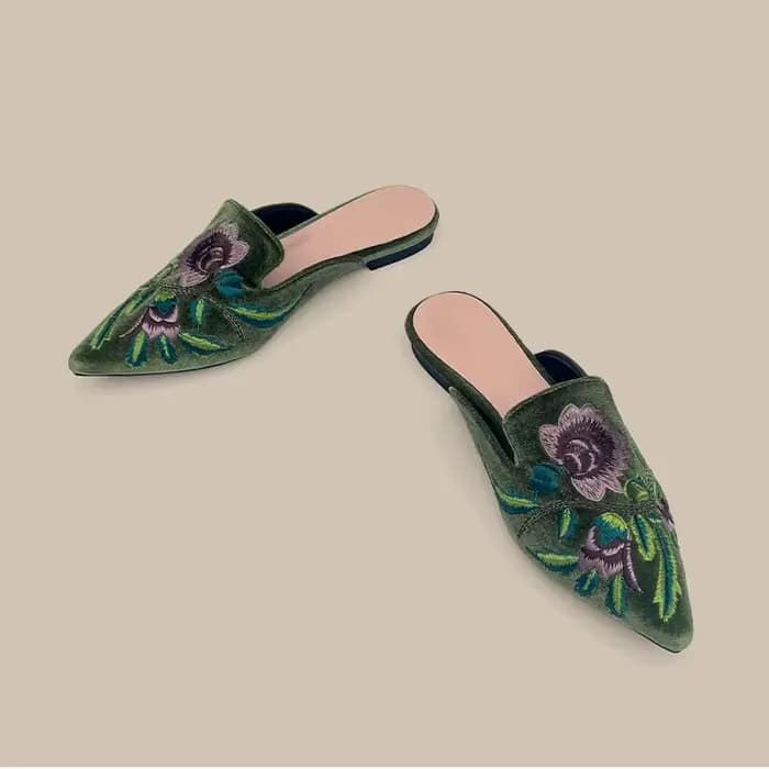 Velours broderie fleur Mules Femme chaussures élégantes pointu bout fermé pantoufles sans lacet chaussures plates diapositives Femmes Pantuflas Sandalias