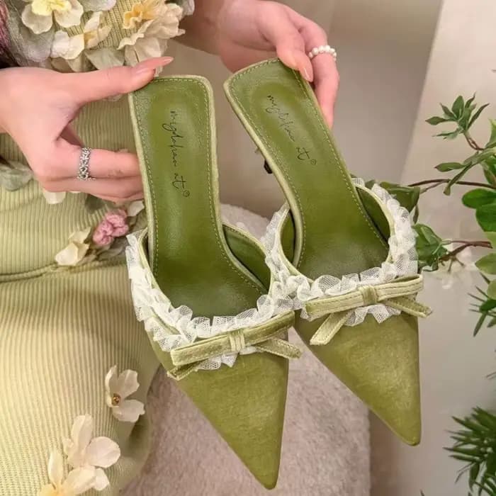 Baotou – Demi-chaussons à talons hauts en dentelle française et velours avec nœud