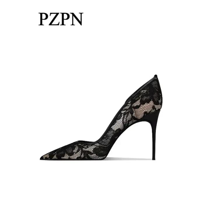 Chaussures à talons hauts noires en dentelle à ouverture latérale pour femmes