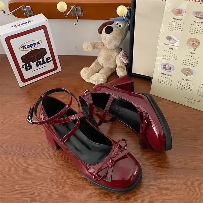 Rouge Mary Jane femmes pompes épais talons hauts chaussures femme Lolita bout carré