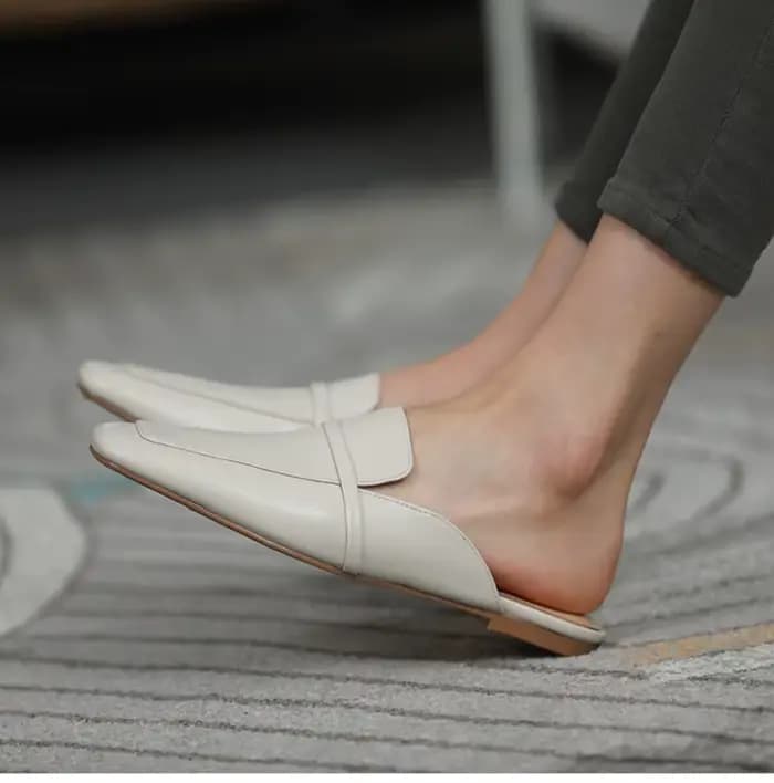 Mules carrées en cuir de vache pour femmes, chaussures plates simples, pantoufles d'extérieur, style concis, printemps, automne
