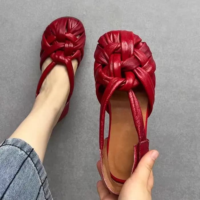 Sandales plates rétro en cuir véritable tressé rouge pour femme