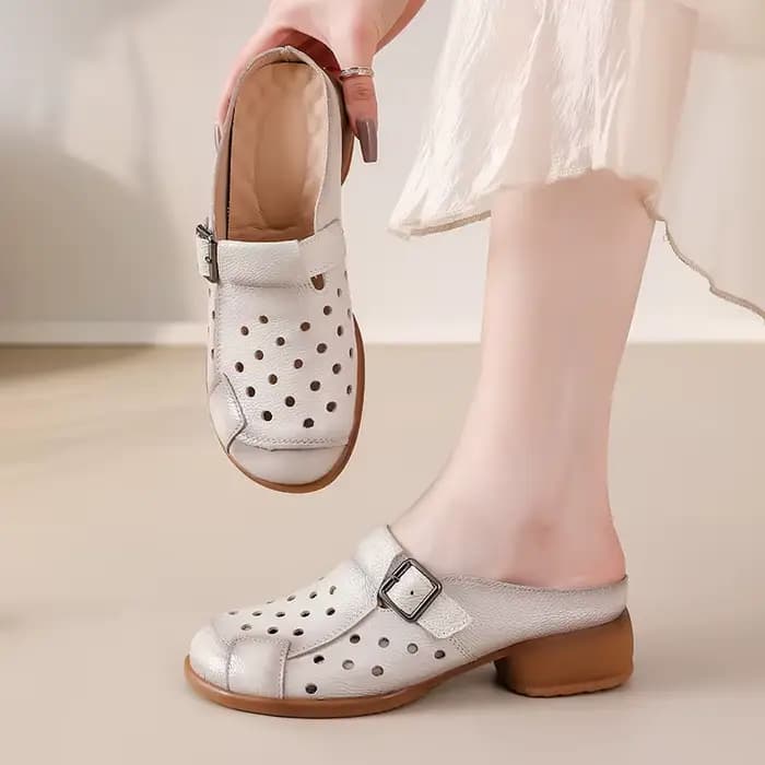 Nouvelles sandales à talons bas en cuir de vache femmes évider mules chaussures femme boucle sangle pantoufle
