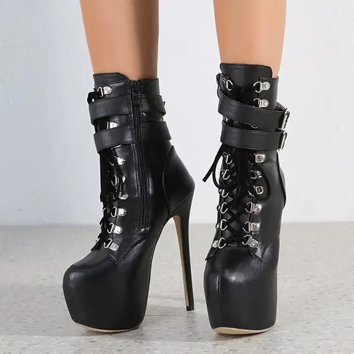 Bottes à plateforme à talons extrêmement hauts pour femmes, chaussures Sexy avec sangle à boucle de 16.5 CM, bout rond, lacets croisés, chaussures de strip-teaseuse pour Club de fête