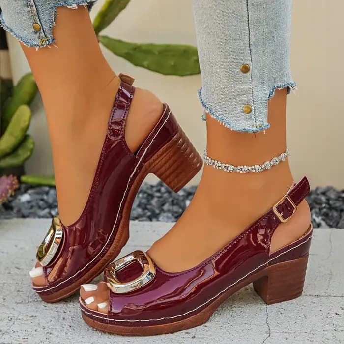 Sandales d'été sexy en cuir verni à talons épais pour femme