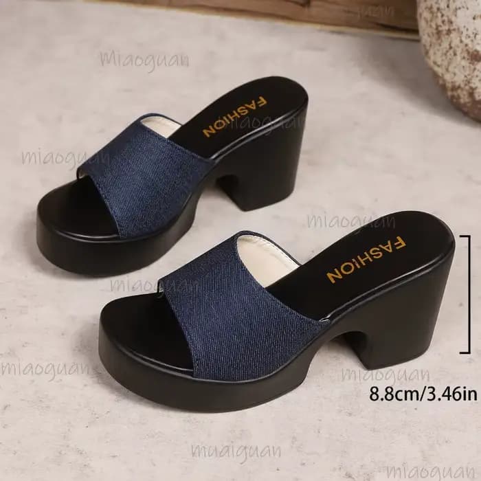 Mules en Denim à talons hauts pour femmes, pantoufles à talons épais, sandales coulissantes à bout ouvert, chaussures d'été décontractées à la mode Zapatos De Mujer