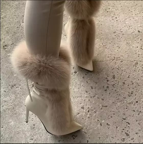 Bout pointu fourrure mi-mollet bottes talons aiguilles brides à la cheville mode chaussures chaudes en hiver solide en