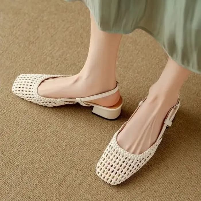 Sandales à talons hauts tissées à bout pointu style français pour femmes, talon épais, en cuir respirant, chaussures d'été tendance