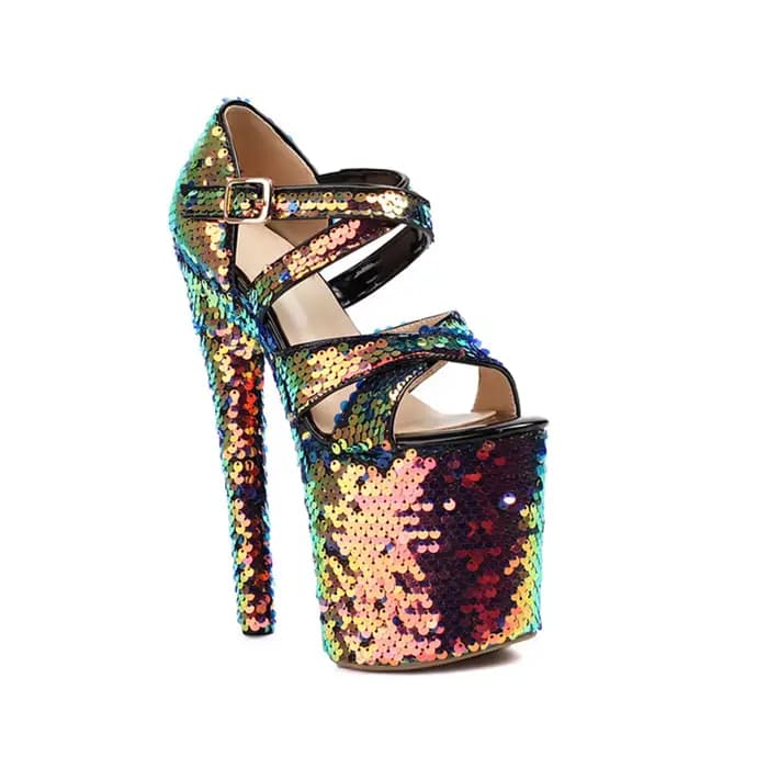 Sandales pour femmes à talons hauts brillants, bout ouvert, sexy, pour soirée, mariage, chaussures de mariée, sandales de danse à plateforme avec boucle croisée 197-3