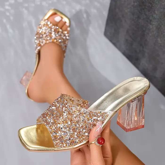 Paillettes brillantes pantoufles à talons hauts pour femmes mode d'été bout carré sandales à talons transparents femme or argent paillettes diapositives
