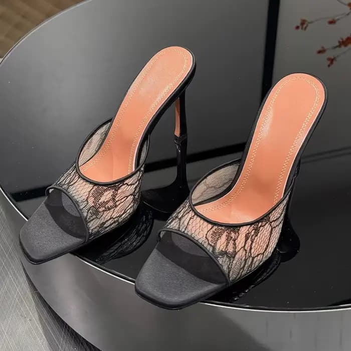 2025 nouveaux talons hauts pantoufles femmes maille dentelle carré Peep orteil