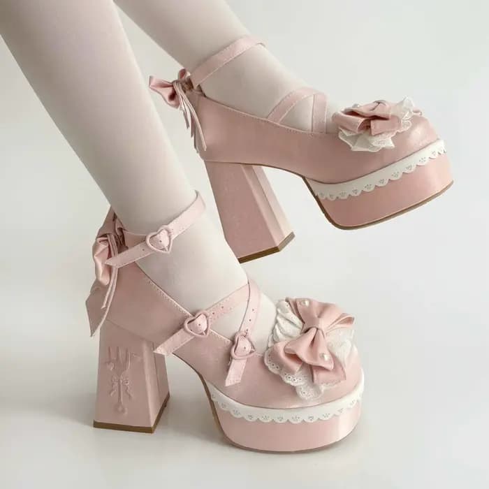 Belles filles Lolita talons hauts plate-forme chaussures, jeunes femmes étudiantes doux perle dentelle nœuds papillon broderie bride à la cheville Mary Janes