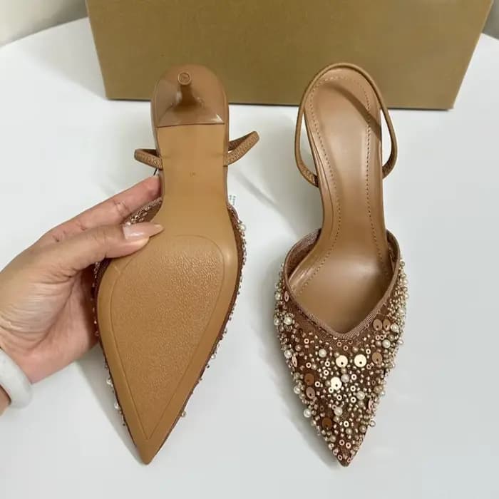 Chaussures de soirée élégantes à talons hauts pour femmes, paillettes scintillantes, perles, maille, Design de marque, sandales de luxe pour dames de bureau, été 2025