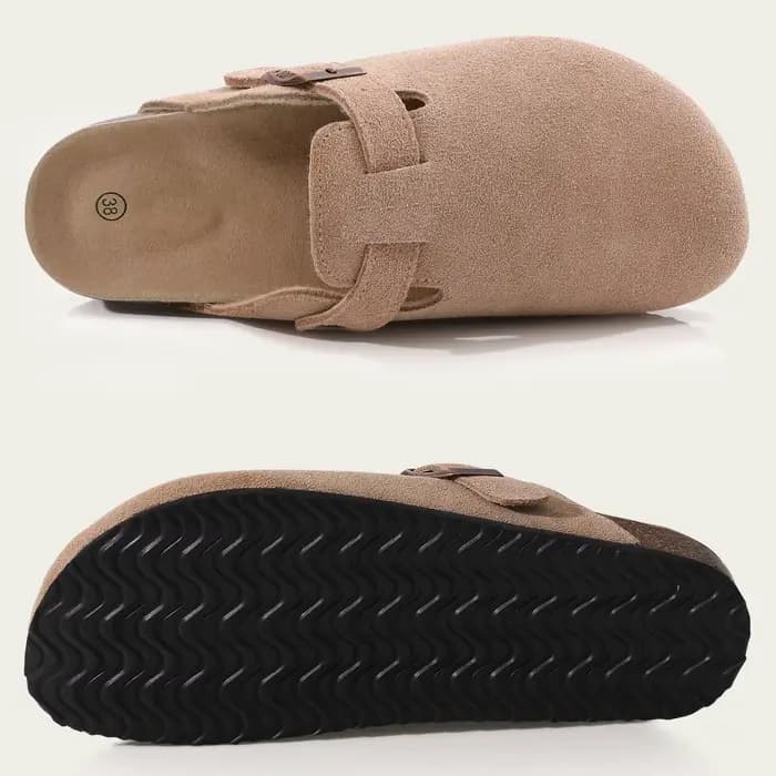 Evshine Sabots en daim de vache pour femmes avec soutien de la voûte plantaire Mules de lit en liège confortables Chaussures de pomme de terre à la mode pour hommes Sabots en liège véritable Pantoufle