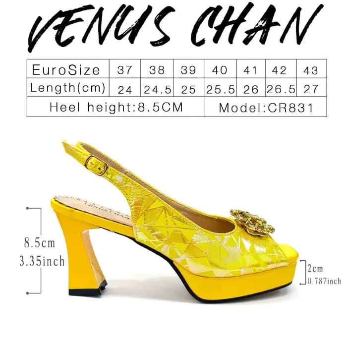 2025 Ensemble de chaussures à talons hauts jaunes élégantes pour femmes et sac assorti avec accents en strass – Design élégant à bout carré pour les fêtes