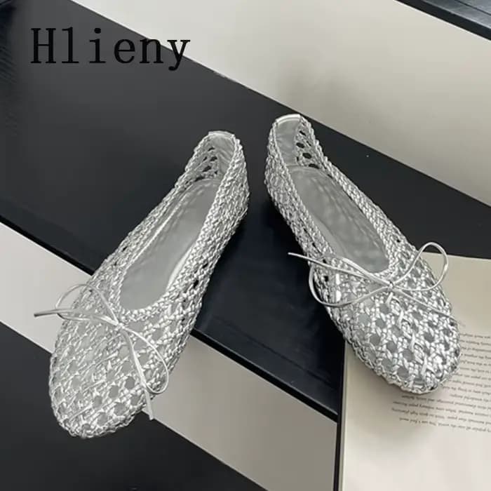 Hlieny tissé à la main maille talons plats femmes mocassins mode papillon noeud bout rond décontracté dames chaussures en plein air robe sandales